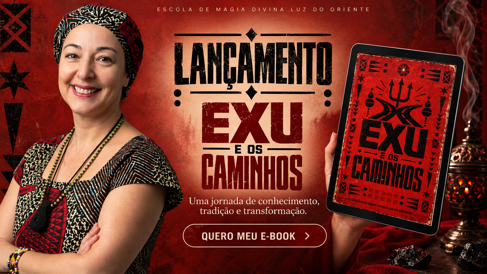 Lançamento do e-book Exu e os Caminhos. Mãe Fofa à esquerda, título ao centro e tablet com a capa à direita. Uma jornada de conhecimento, tradição e transformação.